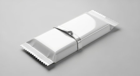 A blank silver foil wrapper for a chocolate bar isolated on a gray background. This mockup is perfect for showcasing your packaging design and branding ideas today.の素材