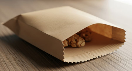 A close-up shot features a paper bag filled with cookies on a wooden table, highlighting the rustic charm of homemade treats and eco-friendly packaging.の素材