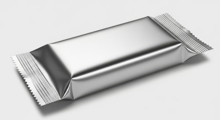A silver chocolate bar wrapper on a white background with a shadow effect. Ideal for showcasing packaging designs, branding, or product mockups. Clean and simple design.の素材