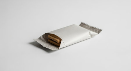 An opened chocolate bar wrapper mockup isolated on a white background. Perfect for showcasing your product design and branding. High-quality image with copy space.の素材
