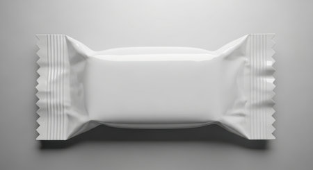 A close-up studio shot of a white candy bar in a blank wrapper. The wrapper is simple and clean, with a shiny surface. The candy bar is isolated on a white background.の素材