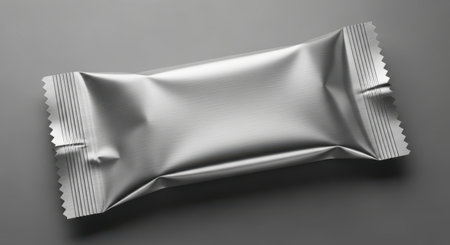 A silver blank candy bar package mockup is set against a gray background. Perfect for showcasing food, sweet, or chocolate snack products for advertising.の素材