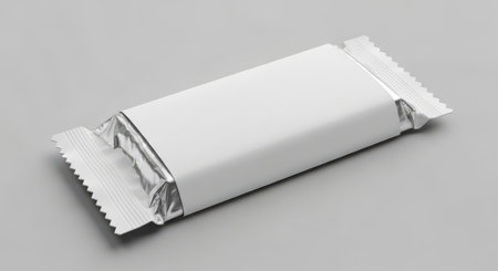 A blank white chocolate bar wrapper on a gray background with shadow. Ideal for showcasing packaging designs, branding, or product mockups. Clean and simple design concept.の素材