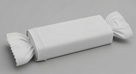 A white candy mockup isolated on a white background is perfect for product presentation. The blank wrapper allows for custom branding and design options.の素材