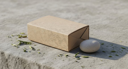 A handmade soap bar with natural ingredients is placed on a stone surface outdoor. A pebble and some leaves are nearby. The scene evokes a sense of wellness.の素材