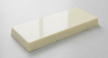 A close-up studio shot of a single block of white chocolate, isolated on a white background. The sweet treat is a delicious indulgence and a perfect snack.の素材