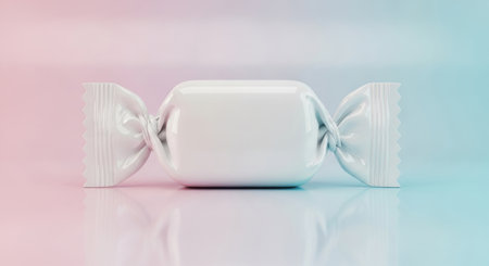 A white candy in a wrapper isolated on a pink and blue background is perfect for mockup designs. Its shiny and glossy finish adds a modern touch to any project.の素材