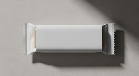 A white blank candy bar package mockup is set against a textured background with a shadow effect. Perfect for showcasing food, sweet, or chocolate snack products.の素材
