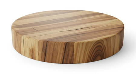 A round wooden cutting board is isolated on white background. This is a kitchen utensil for food preparation. The board has a natural wood grain texture and pattern.の素材