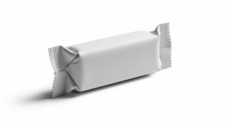 A blank white candy bar wrapper isolated on white background, perfect for showcasing your product packaging design. This mockup template is ideal for branding and promotion.の素材