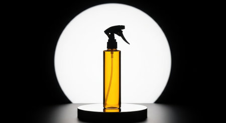 Amber spray bottle on a podium with a light circle on the background. Perfect for showcasing your cosmetic or pharmaceutical product. Studio shot, still life.の素材