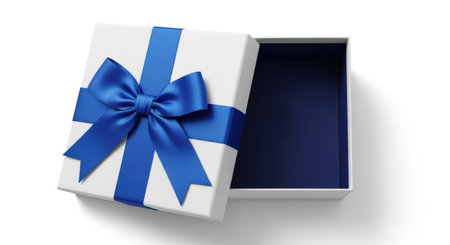 An open white gift box with a blue ribbon and bow, isolated on a white background. Perfect for showcasing presents, celebrations, and special occasions.の素材