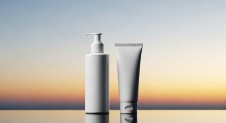 Cosmetic bottles mockup set against a beautiful sunset background. Perfect for showcasing your product packaging design. High-resolution image for professional use. Ideal for marketing.の素材