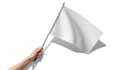 A hand holds a blank white flag, perfect for adding your own design or message. Isolated on a white background, it offers a clean and versatile template.の素材