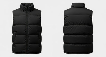 A black puffer vest isolated on white background, showcasing both the front and back views. This mockup is perfect for apparel design and winter fashion projects.の素材
