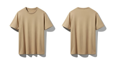 A beige t-shirt mockup isolated on a white background. The t-shirt is a basic, plain design with a round neck and short sleeves. It is perfect for your design and branding.の素材