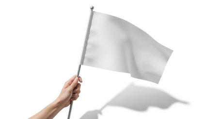 A hand holding a white flag isolated on white background, symbolizing surrender, peace, or truce. This image is perfect for conveying concepts of defeat or negotiation.の素材