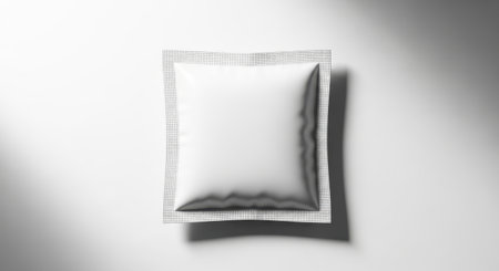A square sachet mockup isolated on white background with soft shadow effect. The sachet is blank and ready for your design. Great for food, cosmetic, or medicine packaging.の素材