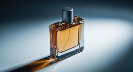 A modern and elegant perfume bottle with golden liquid inside, isolated on a blue background. Perfect for showcasing fragrance, beauty, and luxury products.の素材