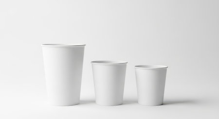 Three white paper cups of different sizes isolated on a white background. Perfect for showcasing your branding or design. A clean and simple mockup for your product.の素材