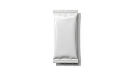 A blank white flow pack isolated on white background is perfect for food and snack packaging. The clean design allows for easy customization and branding.の素材