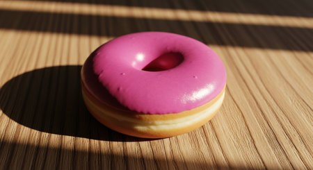 A pink donut is placed on a wooden table, with light shining through a window in the background. The scene is simple, bright, and inviting. The donut looks delicious.の素材