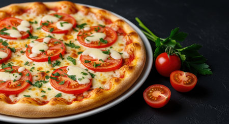 A delicious tomato pizza with mozzarella cheese and fresh parsley on a black background. Perfect for a quick and easy meal, or a party. A tasty and healthy option.の素材