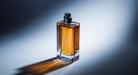 Elegant perfume bottle isolated on a dark background with dramatic lighting. The perfect image for advertising, marketing, or any project that needs a touch of class.の素材