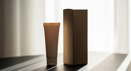 A beige cosmetic tube and box are placed on a table, with light shining through a window in the background. The scene is simple, elegant, and minimalist.の素材