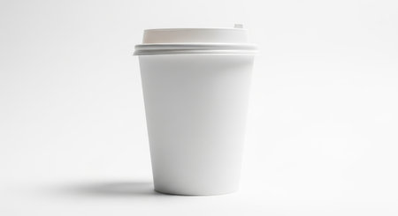 A white paper coffee cup with a lid on a white background. The cup is empty and ready to be filled with a hot beverage. It is a disposable cup for takeaway coffee.の素材