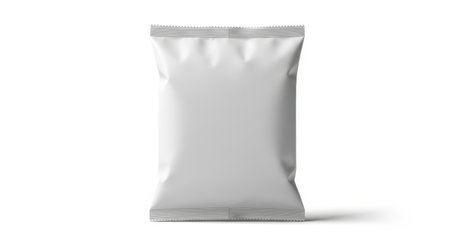 A white blank snack bag mockup isolated on a white background is perfect for branding design. Use this image to showcase your product and attract customers.の素材