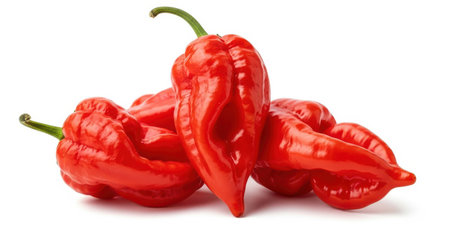 A vibrant pile of fresh red scotch bonnet peppers, isolated on a white background. These hot chili peppers are perfect for adding a spicy kick to any culinary creation.の素材