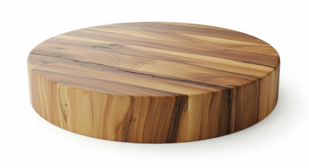 Acacia wood cutting board isolated on white background, round shape design. Perfect for food preparation and serving. High-quality image for your creative projects.の素材