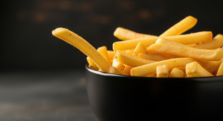 A bowl of golden french fries sits on a dark surface, with a blurred background. The image captures the tempting allure of this classic snack, perfect for food-related projects.の素材