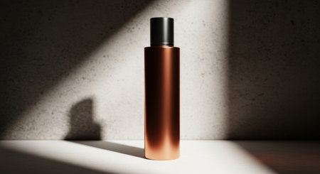 A sleek brown perfume bottle with a black cap sits elegantly in a beam of sunlight on a white surface. The scene exudes sophistication and minimalist beauty. Perfect for advertising.の素材