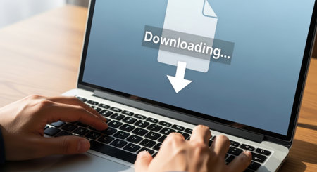 Downloading file to laptop, concept of file transfer and data sharing. Close up of hands typing on keyboard. Business and technology concept. Copy space.の素材