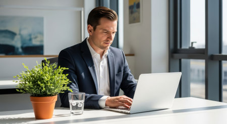 A businessman is working on his laptop in the office. There is a plant and a glass of water on the desk. He is focused and concentrating on his work.の素材
