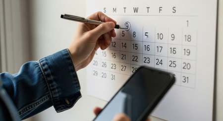 A person marks a date on a calendar with a pen while holding a phone. Concept of planning, scheduling, appointments, and reminders for business and personal life.の素材