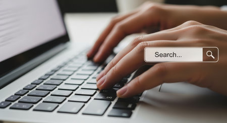 Searching online on laptop, concept of finding information on internet. Close up of hands typing on keyboard. Business and technology concept. Copy space.の素材
