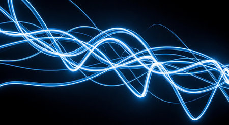 A mesmerizing abstract image featuring blue light trails on a black background, creating a futuristic and dynamic effect. Perfect for tech-themed projects.の素材