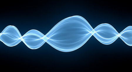 An abstract blue waveform gracefully dances against a dark background, symbolizing the flow of energy and communication in the digital age. Perfect for science and technology projects.の素材