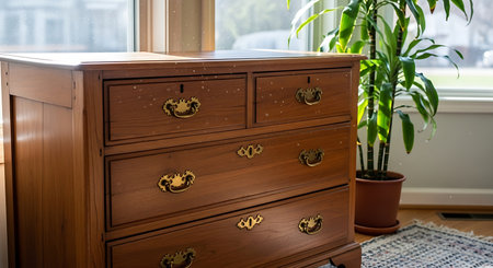 A vintage wooden dresser with drawers sits in a sunny room near a houseplant. The furniture adds a touch of classic style and storage to the home interior.の素材