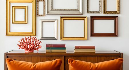 A gallery wall featuring vintage frames and coral decor on a wooden cabinet creates an eclectic and stylish interior. The arrangement adds character and charm to the room.の素材