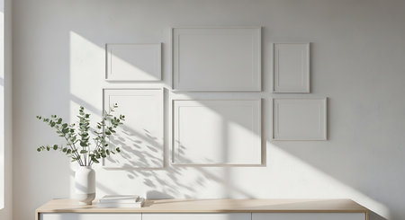 A bright interior with blank frames mockup hanging on the wall with sunlight and plant vase on the table. Modern and minimalist home decor and design concept.の素材