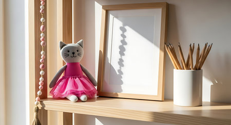 A cat doll in a pink dress with a frame and pencils on a wooden shelf indoors. The scene is bathed in sunlight, creating a warm and inviting atmosphere in the room.の素材