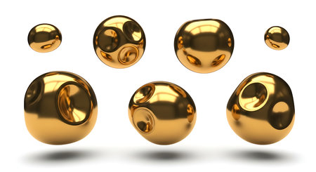Golden spheres isolated on white background create a luxurious and modern look. Perfect for adding a touch of elegance to your designs with a clean aesthetic.の素材