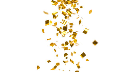 Falling gold confetti on a white background, perfect for festive celebrations. The confetti adds a touch of luxury and elegance to any event, creating a joyful atmosphere.の素材