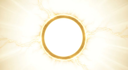 A radiant golden circle emits light rays against a bright white backdrop, creating a captivating abstract design. Perfect for adding a touch of magic to your project.の素材