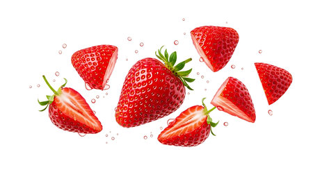 A vibrant and juicy display of fresh strawberries isolated on a white background. The image captures the sweetness and freshness of the fruit, perfect for culinary use.の素材