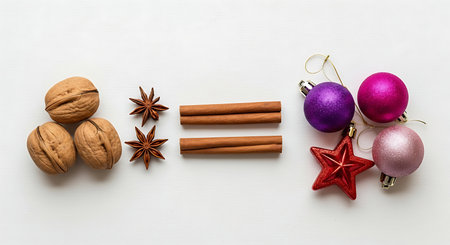 Christmas decoration isolated on white background with walnuts, star anise, cinnamon sticks, and colorful ornaments. Festive and cozy still life for holiday season.の素材